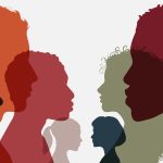 Silhouette group of men and women of diverse culture standing together in front of the other. Diversity multi ethnic and multiracial people. Concept racial equality and anti racism