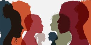 Silhouette group of men and women of diverse culture standing together in front of the other. Diversity multi ethnic and multiracial people. Concept racial equality and anti racism