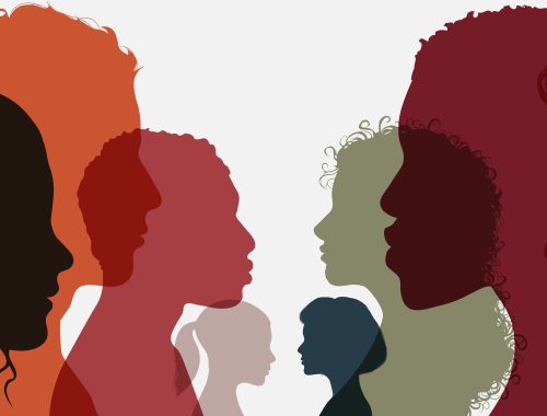Silhouette group of men and women of diverse culture standing together in front of the other. Diversity multi ethnic and multiracial people. Concept racial equality and anti racism