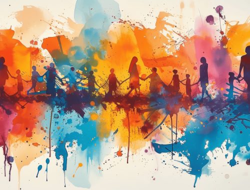 Watercolor Image of Diverse People United in Harmony and Support