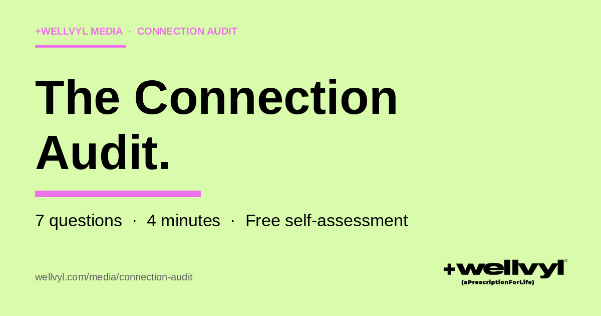 The Connection Audit cover image showing the title 7 questions 4 minutes on a mint background — a free social wellness self-assessment from +wellvyl Media