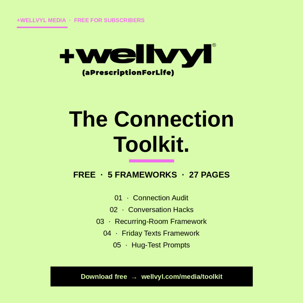 +wellvyl Media free Toolkit cover with five frameworks — Connection Audit Conversation Hacks Recurring Room Friday Texts and Hug Test Prompts.